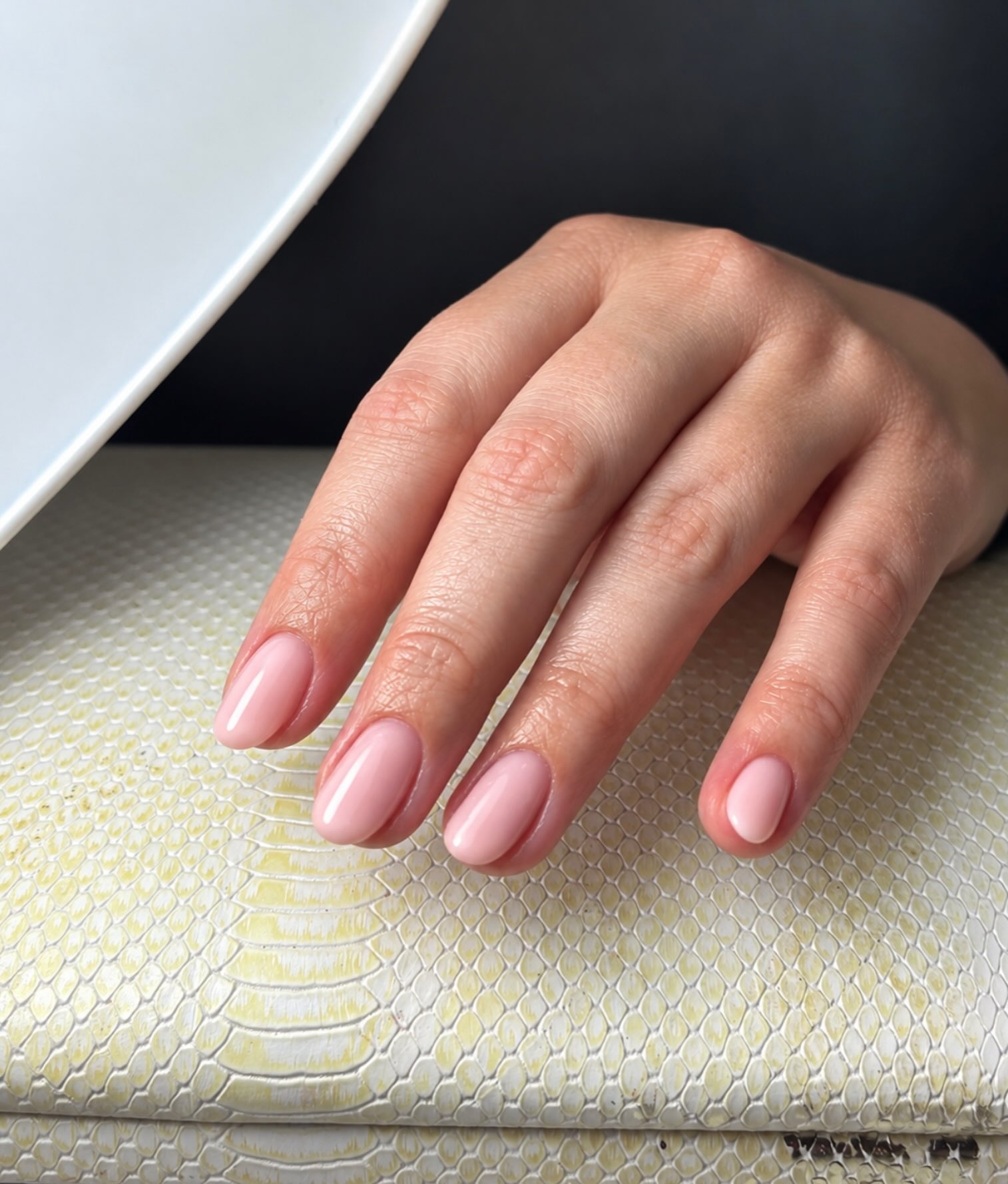 Roze BIAB-nagels op een crème kussen met slangenprint